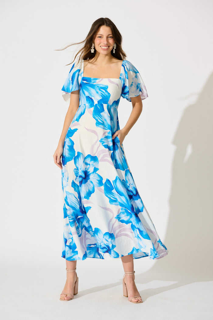 indira maxi dress Indira Maxi Dress in White Blue Floral