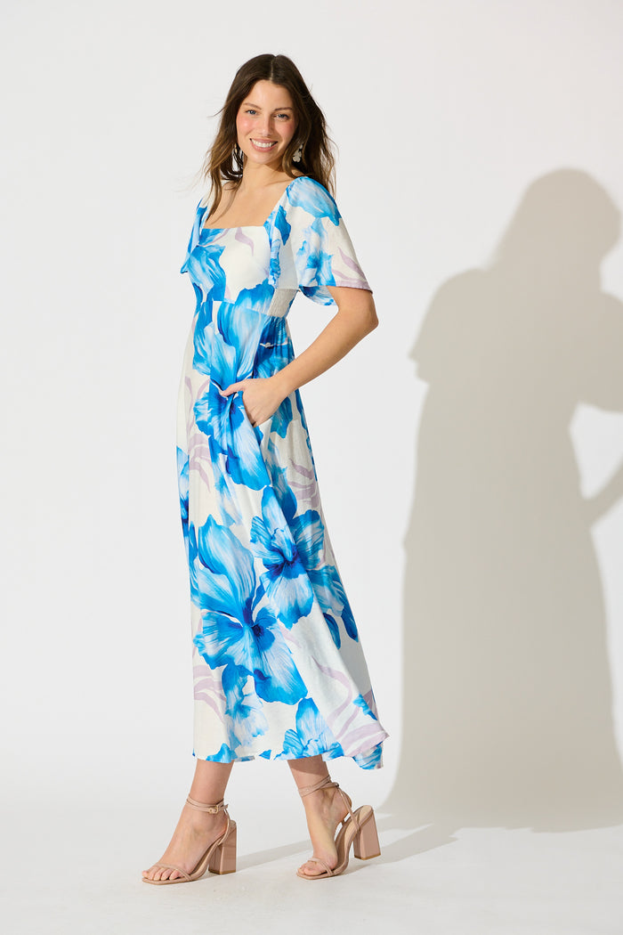 Indira Maxi Dress in White Blue Floral