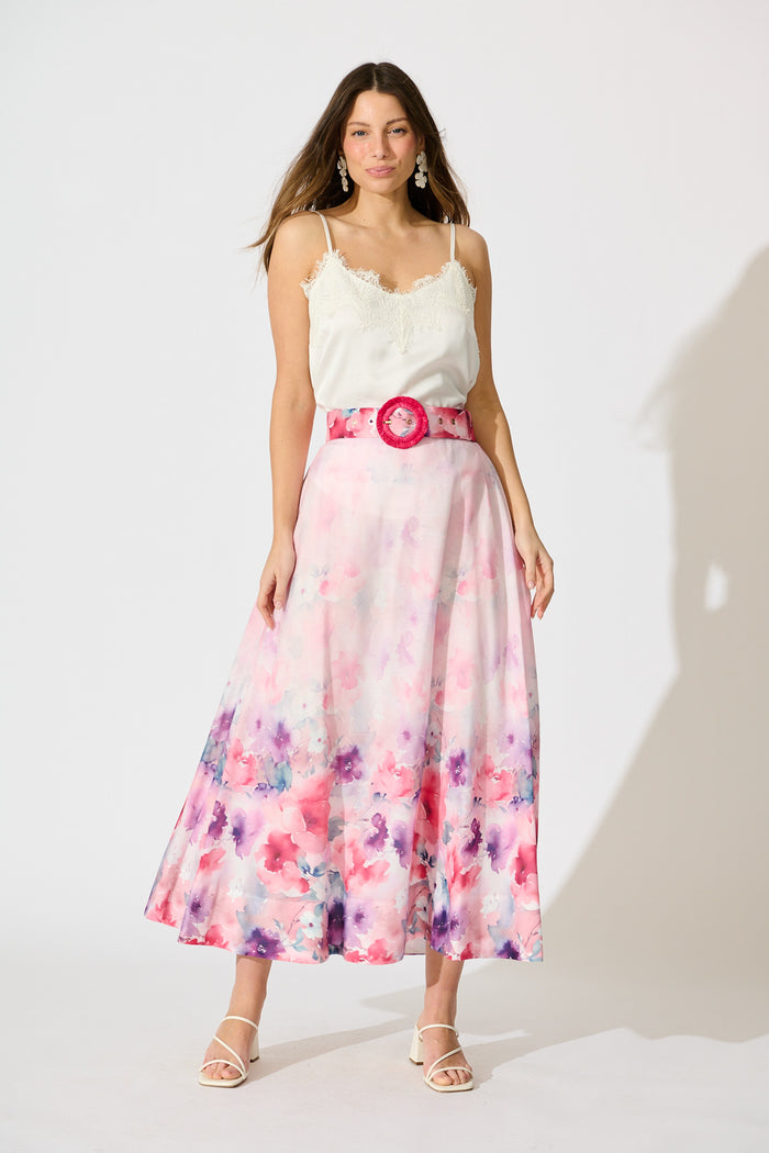 Secret Garden Maxi Skirt in Pink with Multi Floral Cotton Blend full length