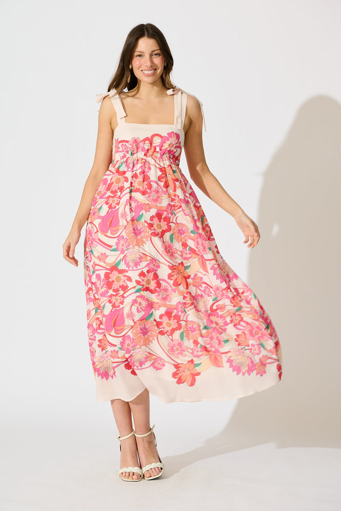 Grazia Maxi Sundress in Cream with Pink Multi Linen Blend full length