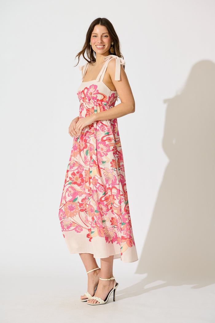 Grazia Maxi Sundress in Cream with Pink Multi Linen Blend side