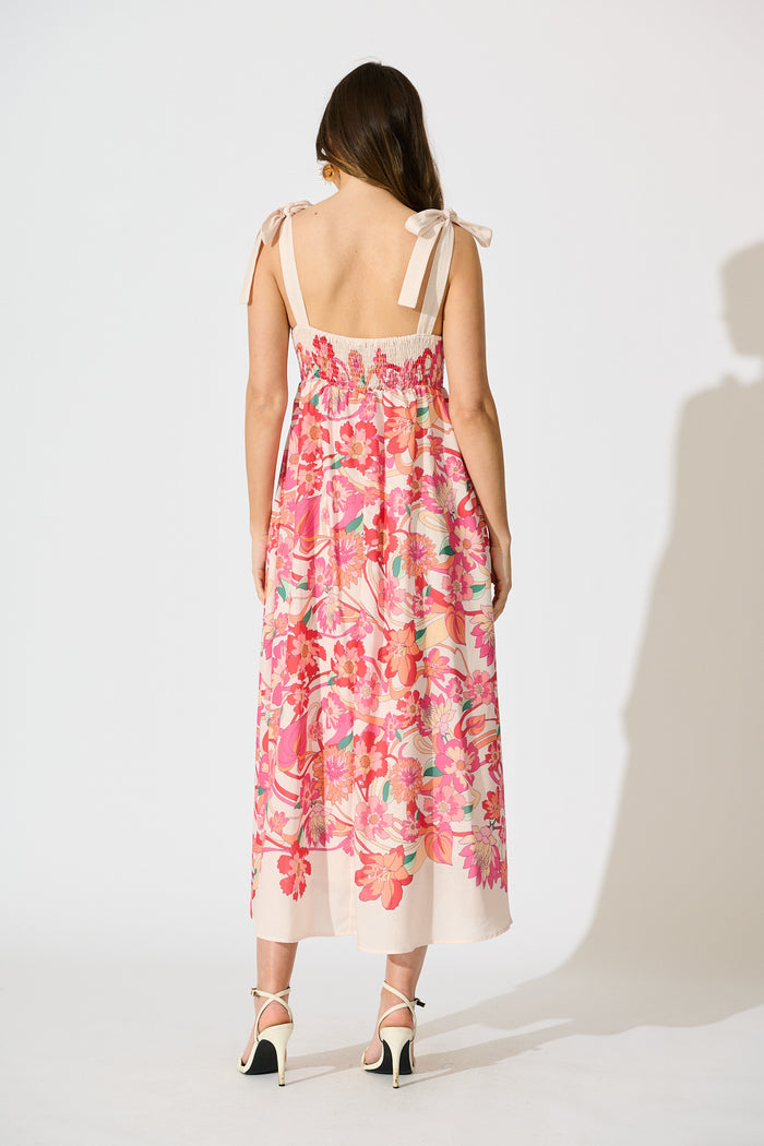 Grazia Maxi Sundress in Cream with Pink Multi Linen Blend back