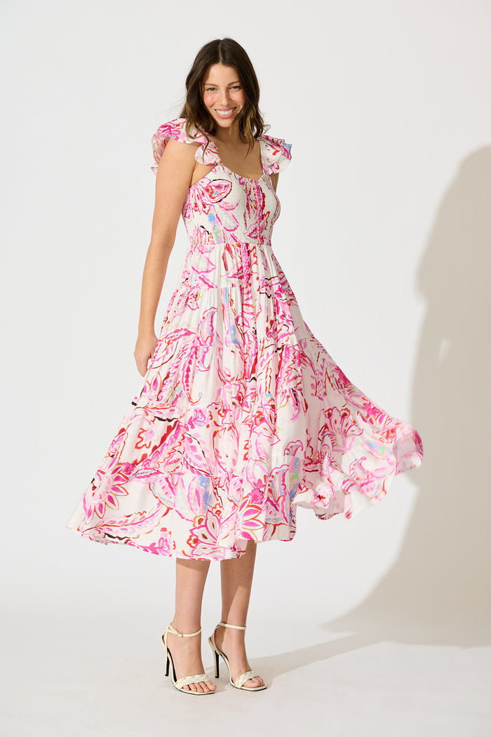 Imee Midi Sundress in White with Pink Abstract Floral full length