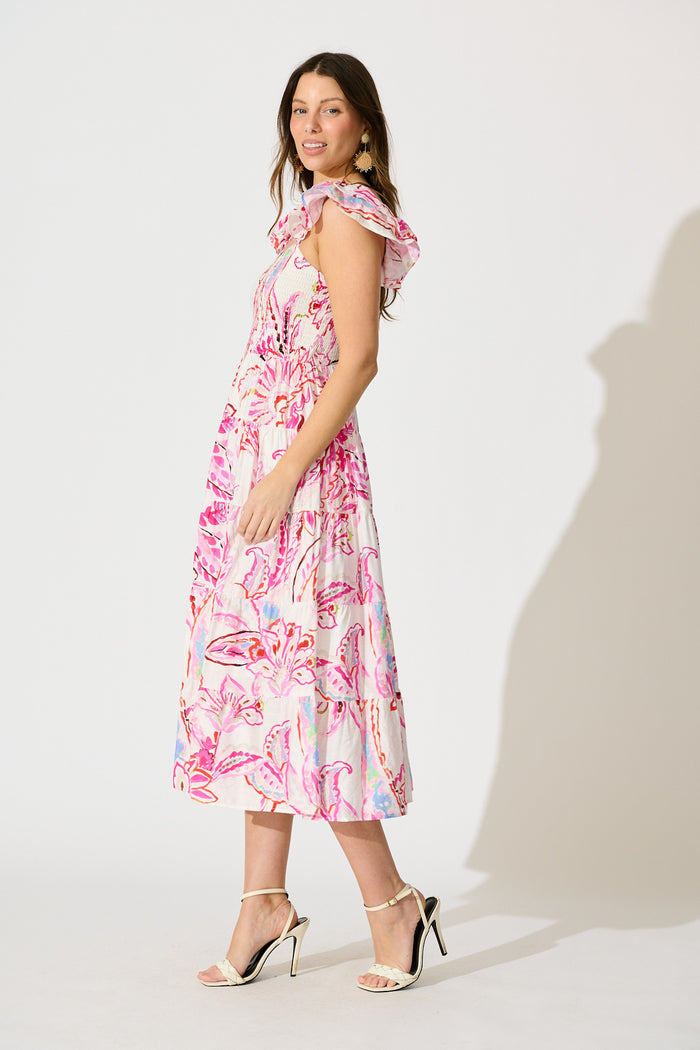 Imee Midi Sundress in White with Pink Abstract Floral side