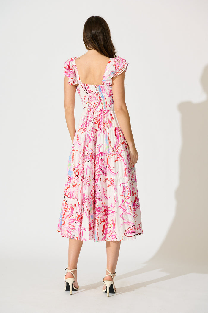 Imee Midi Sundress in White with Pink Abstract Floral back