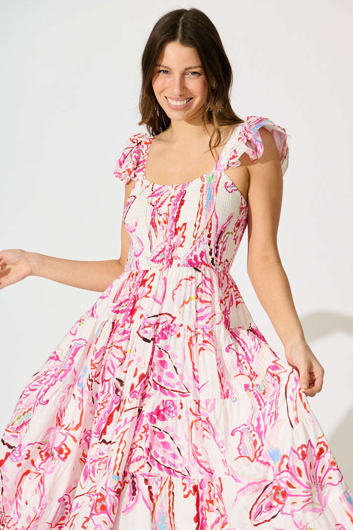 Imee Midi Sundress in White with Pink Abstract Floral front