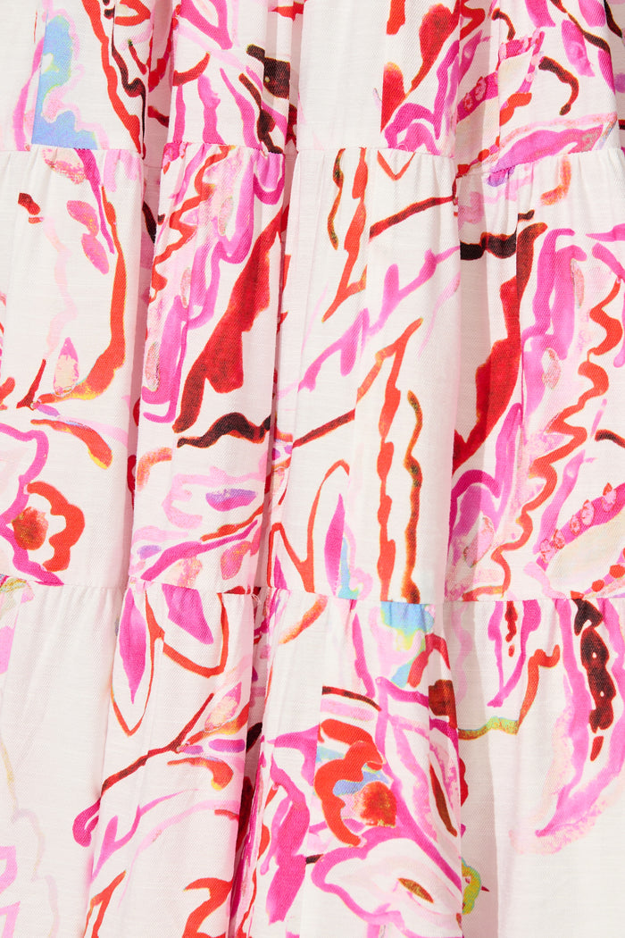 Imee Midi Sundress in White with Pink Abstract Floral fabric