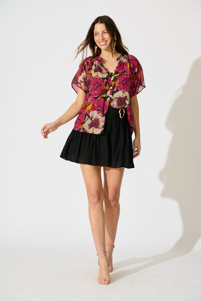 Lombard Top in Black with Pink Floral full length
