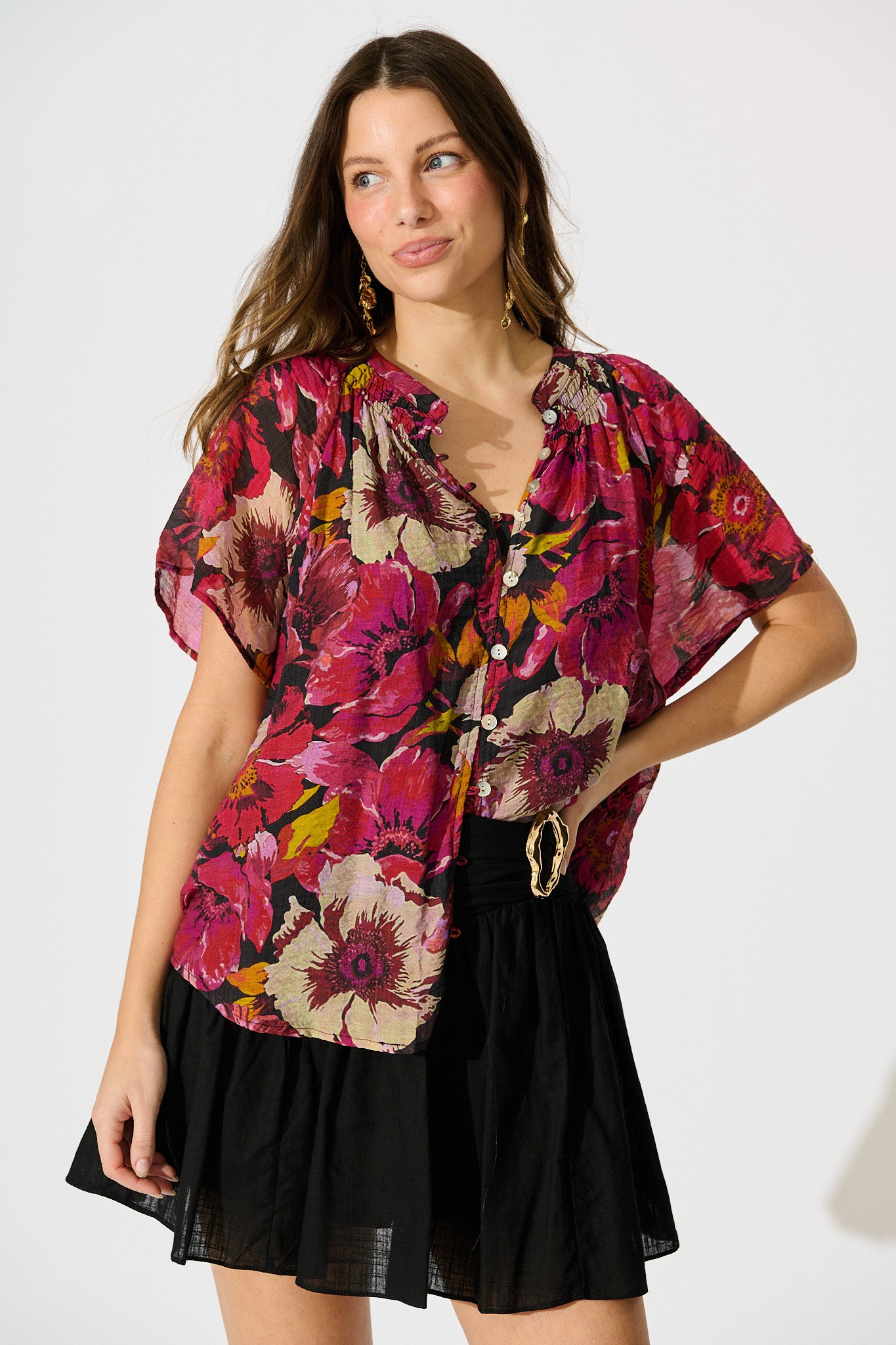 Lombard Top in Black with Pink Floral front