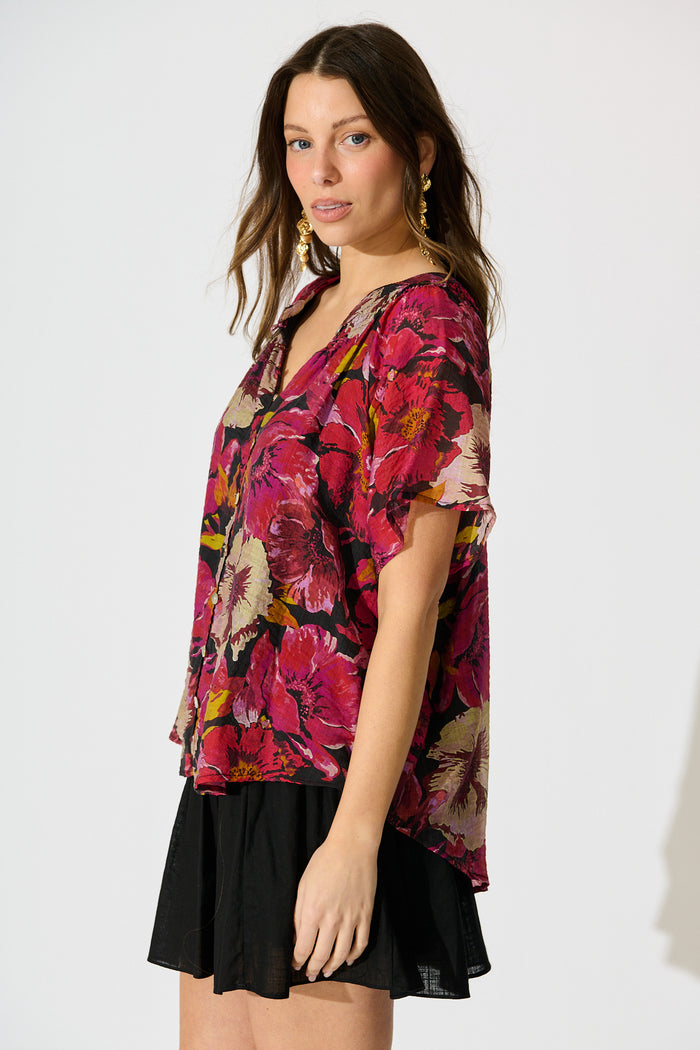Lombard Top in Black with Pink Floral side