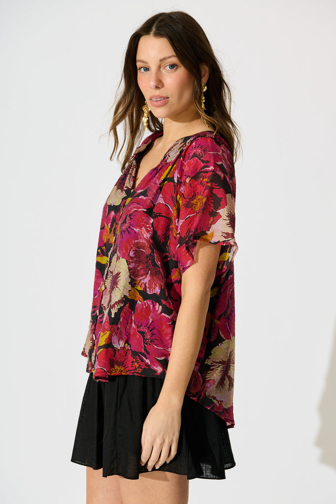 Lombard Top in Black with Pink Floral side