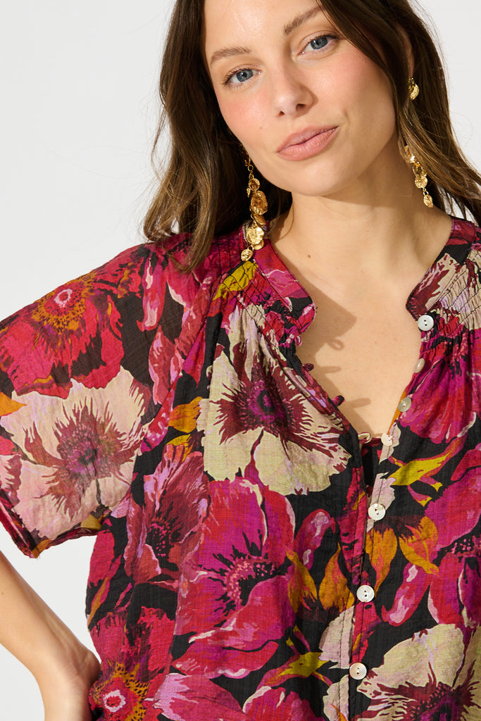 Lombard Top in Black with Pink Floral detail