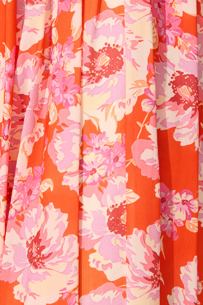 Theodora Halter Neck Maxi Dress In Red Floral Chiffon fabric