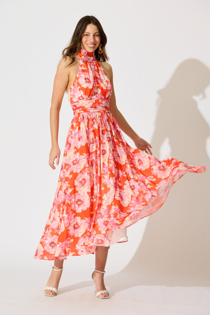 Theodora Halter Neck Maxi Dress In Red Floral Chiffon full length