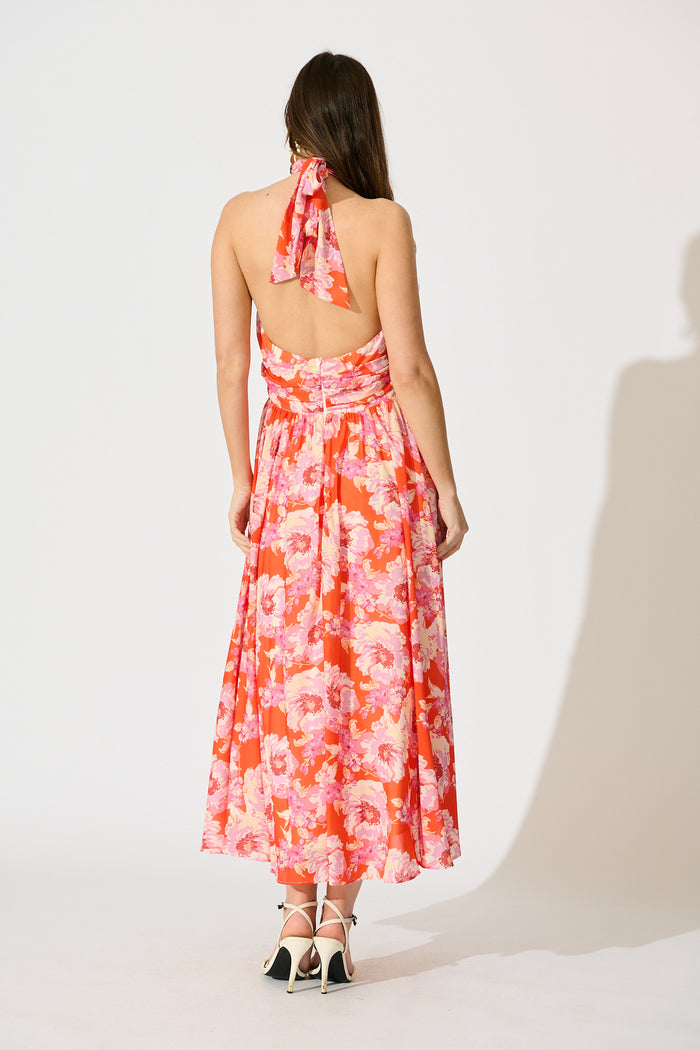 Theodora Halter Neck Maxi Dress In Red Floral Chiffon back