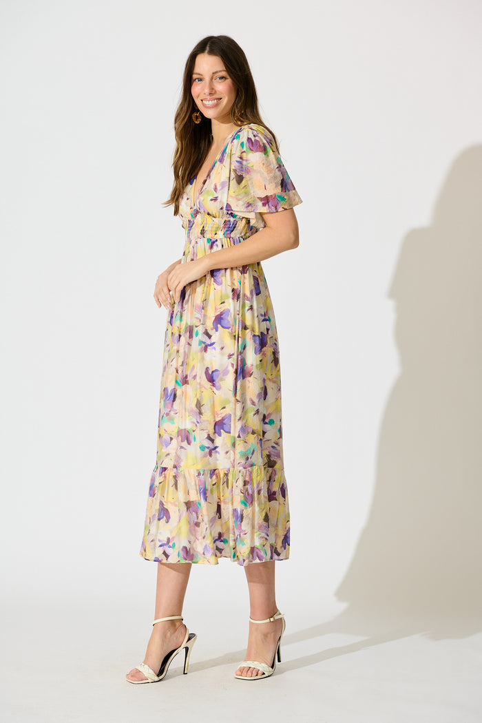 Amara Petal Midi Dress in Mustard Multi Watercolour Floral side