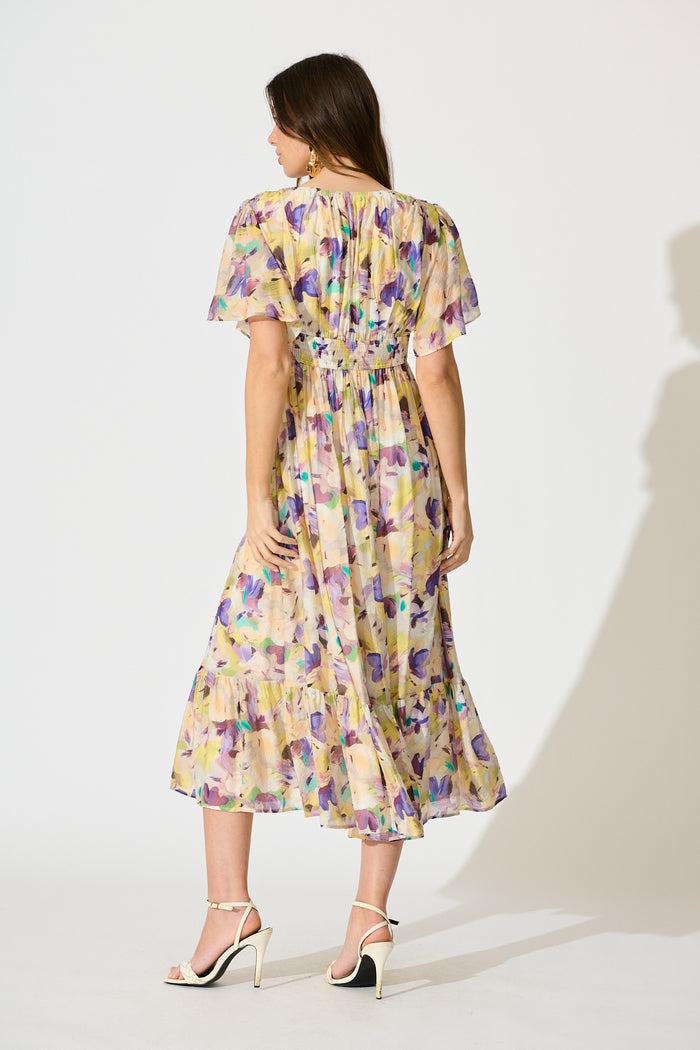Amara Petal Midi Dress in Mustard Multi Watercolour Floral back