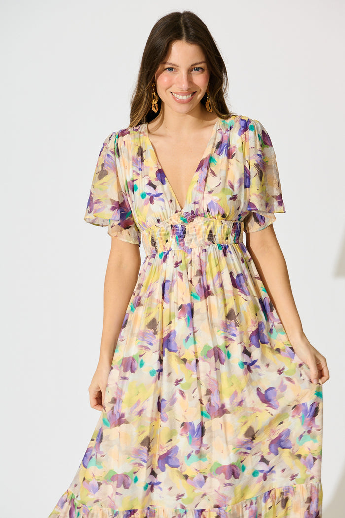 Amara Petal Midi Dress in Mustard Multi Watercolour Floral front
