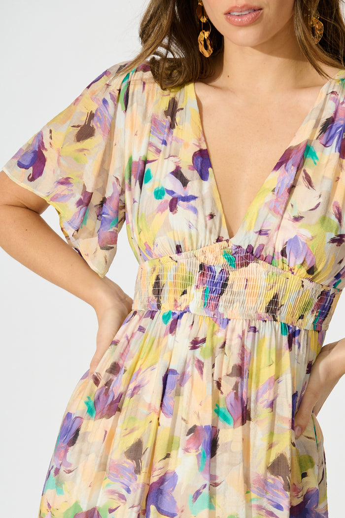Amara Petal Midi Dress in Mustard Multi Watercolour Floral detail