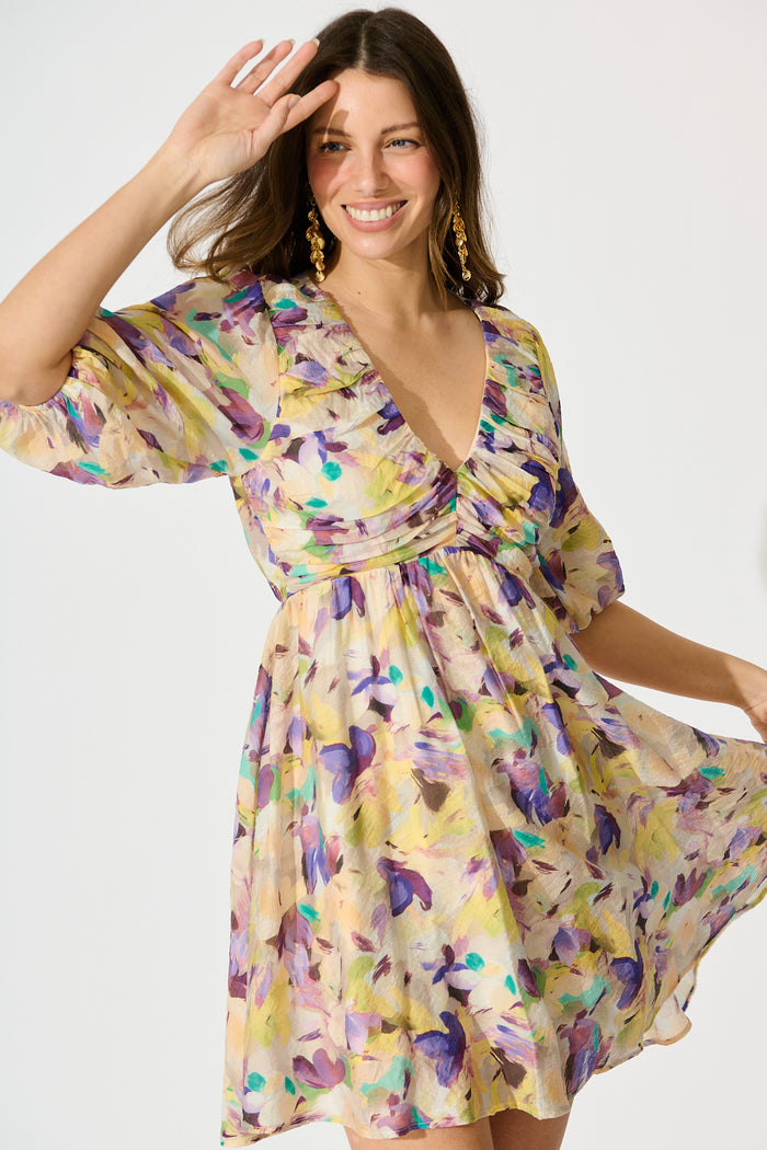 Elodie Bloom Dress in Mustard Multi Watercolour Floral front