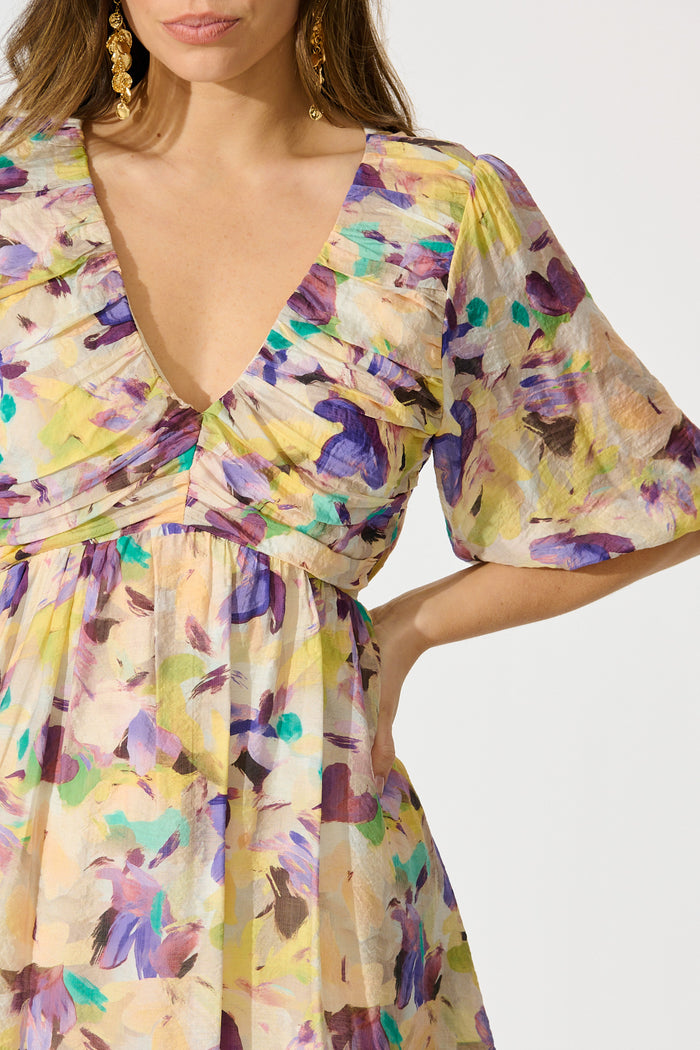 Elodie Bloom Dress in Mustard Multi Watercolour Floral detail