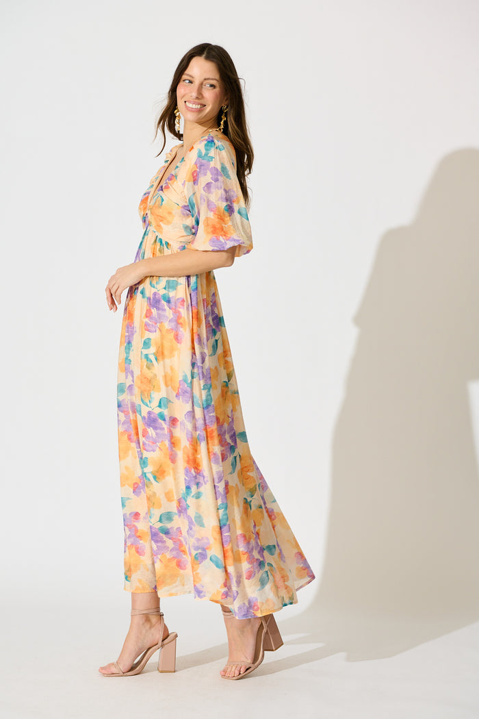 Seraphine Maxi Dress in Tangerine Multi Watercolour Floral side