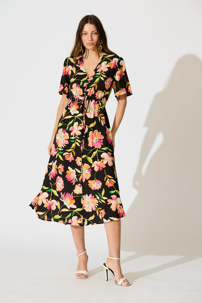 Melody Midi Dress in Black with Tangerine Floral full length