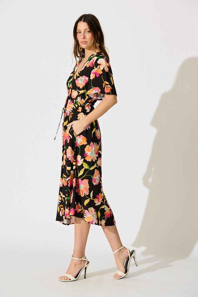 Melody Midi Dress in Black with Tangerine Floral side