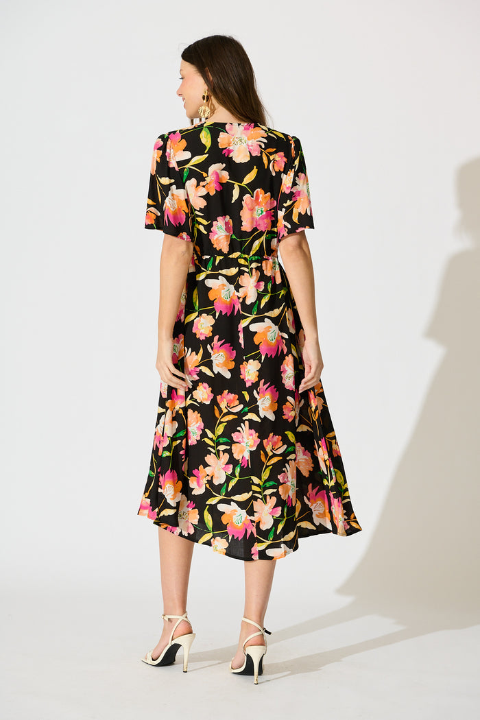 Melody Midi Dress in Black with Tangerine Floral back