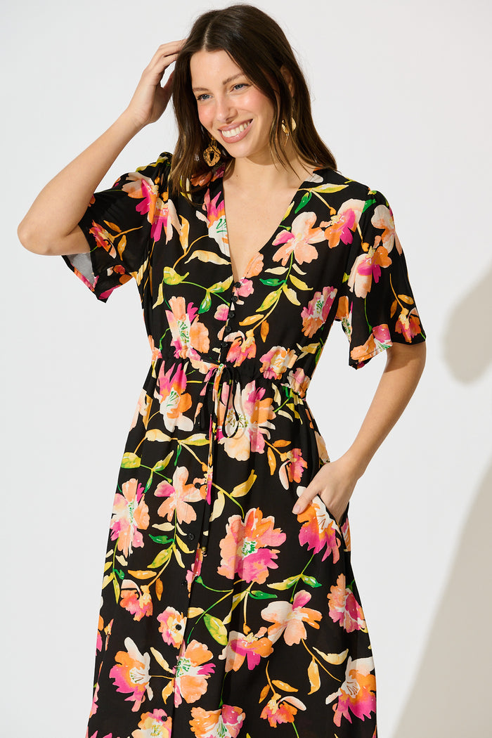 Melody Midi Dress in Black with Tangerine Floral front
