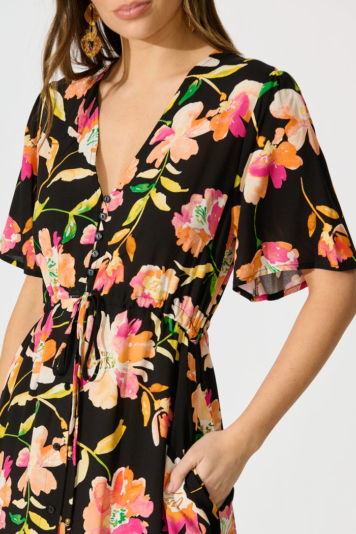 Melody Midi Dress in Black with Tangerine Floral detail