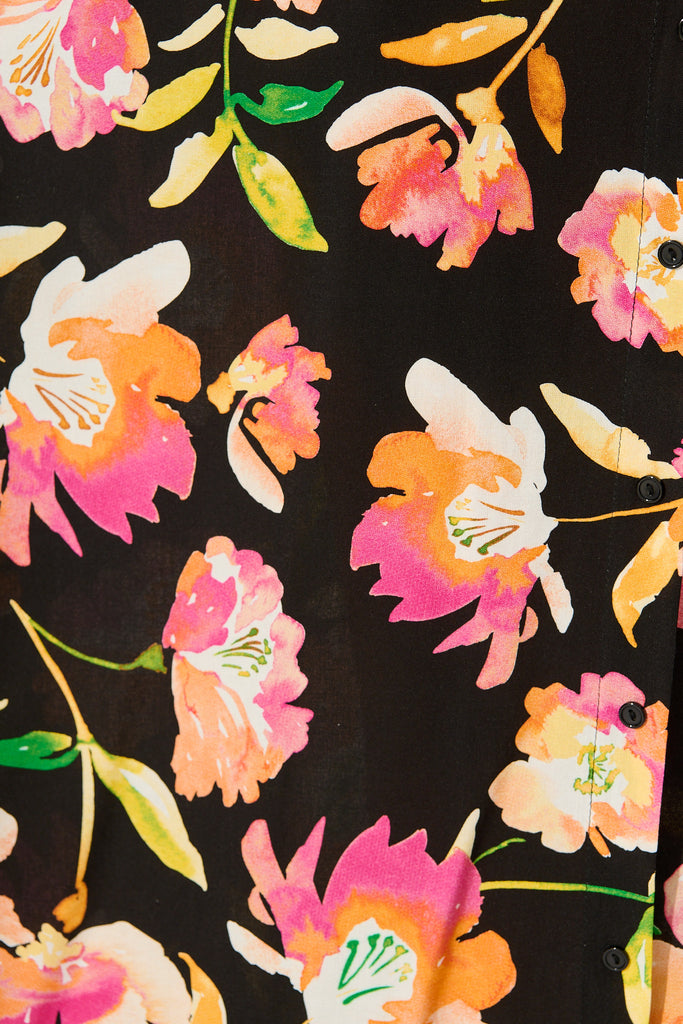 Melody Midi Dress in Black with Tangerine Floral fabric