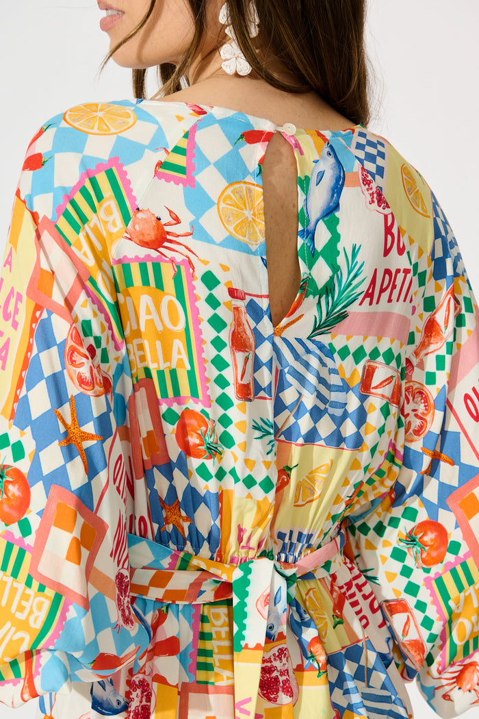Otillie Playsuit in White Multi Conversational Print detail