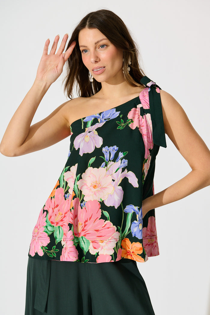 Paloma Fleur One Shoulder Top in Green with Multi Floral front