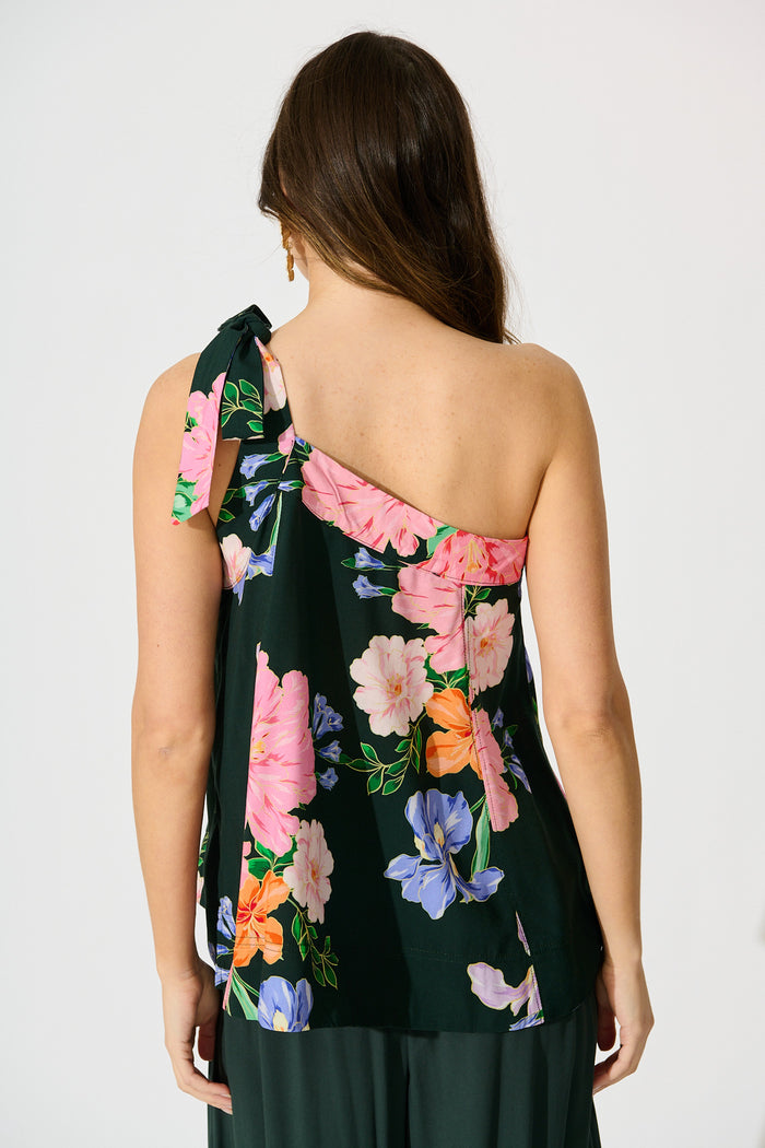 Paloma Fleur One Shoulder Top in Green with Multi Floral back