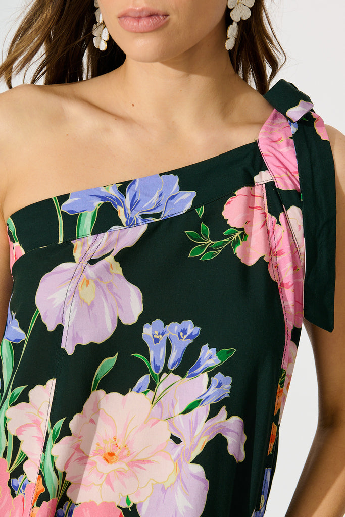 Paloma Fleur One Shoulder Top in Green with Multi Floral detail