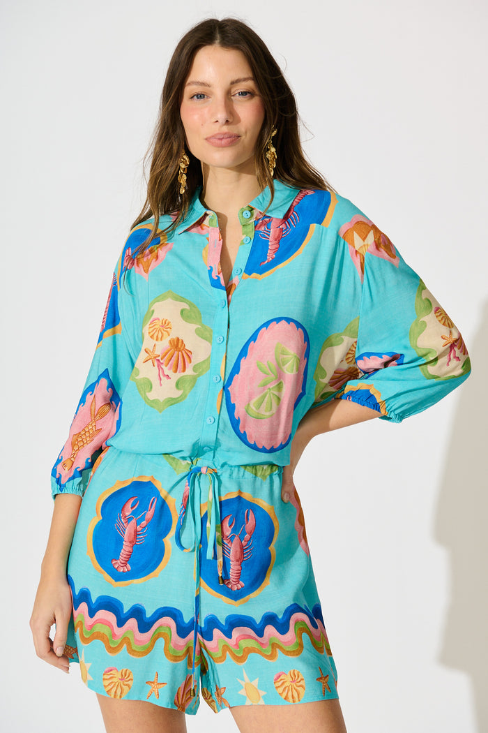 Micaela Playsuit in Blue Seashell Print front