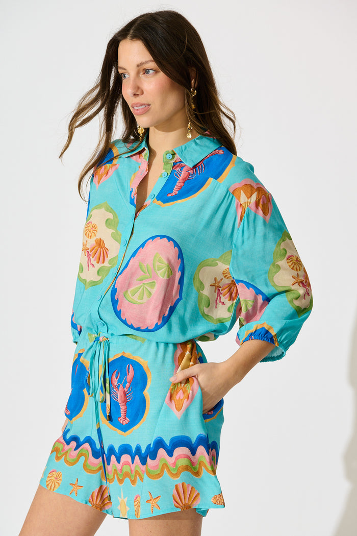 Micaela Playsuit in Blue Seashell Print side