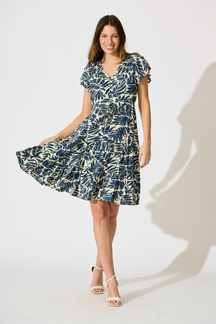 Allyza Dress in Navy and Cream Leaf Print full length