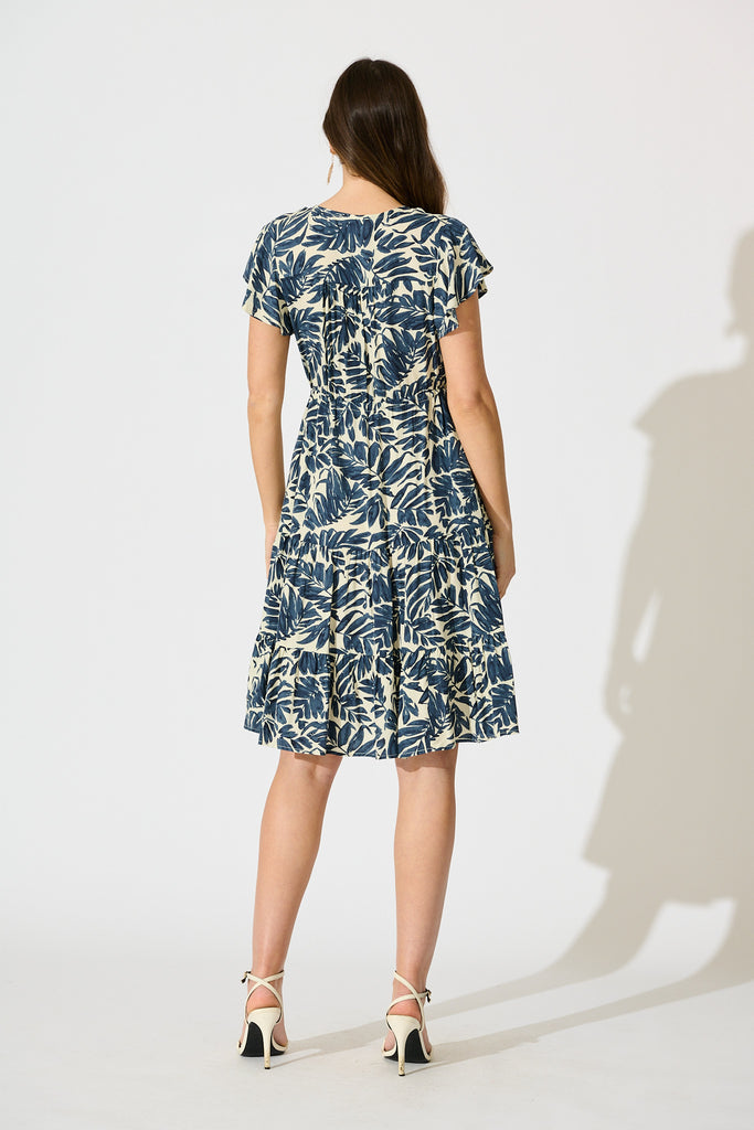 Allyza Dress in Navy and Cream Leaf Print back