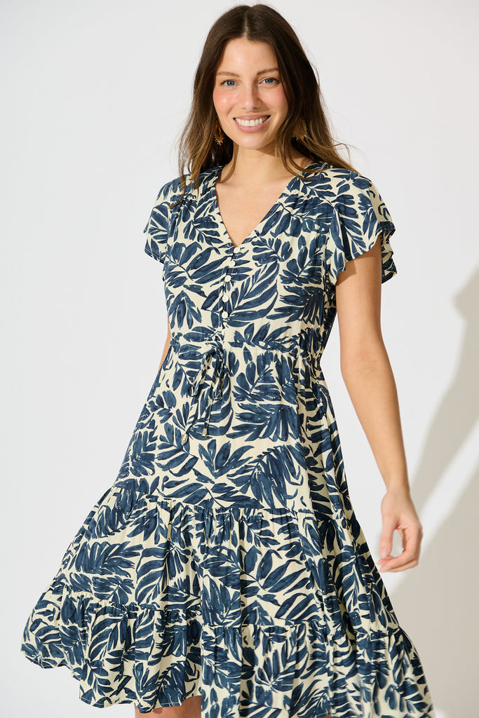 Allyza Dress in Navy and Cream Leaf Print front