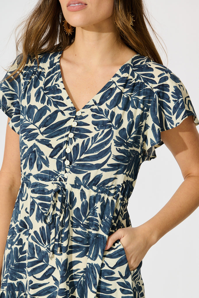 Allyza Dress in Navy and Cream Leaf Print detail