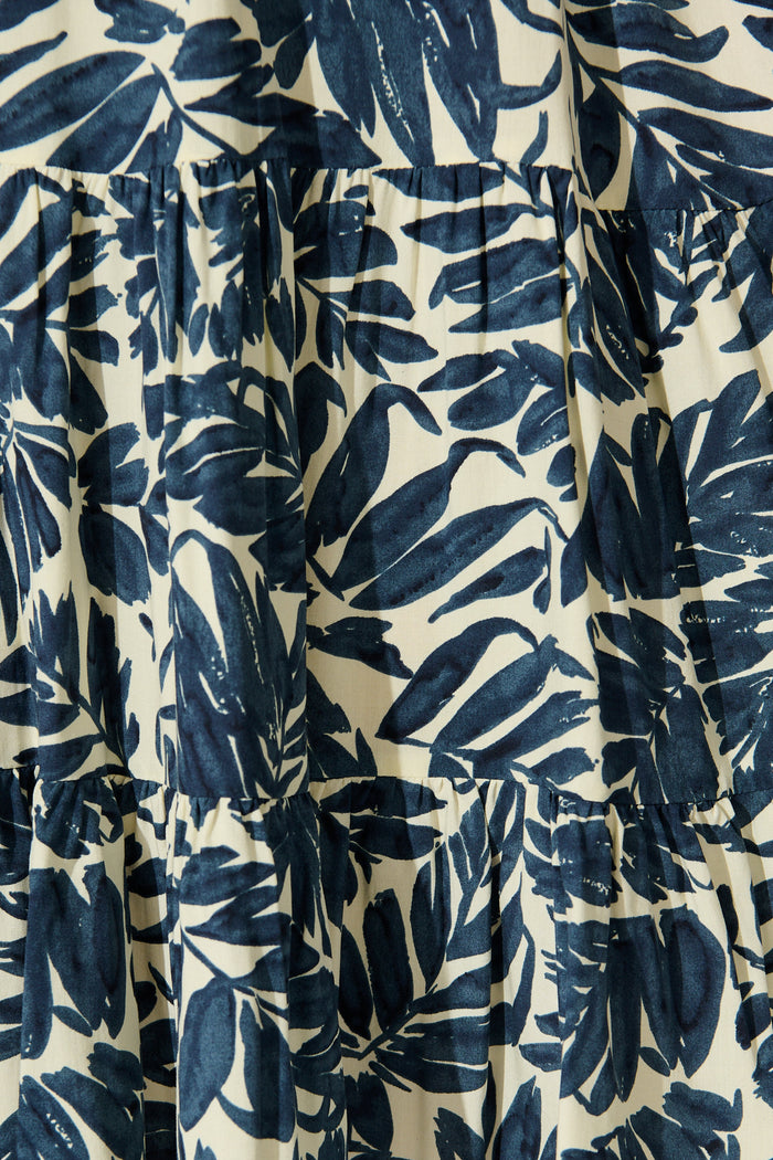 Allyza Dress in Navy and Cream Leaf Print fabric