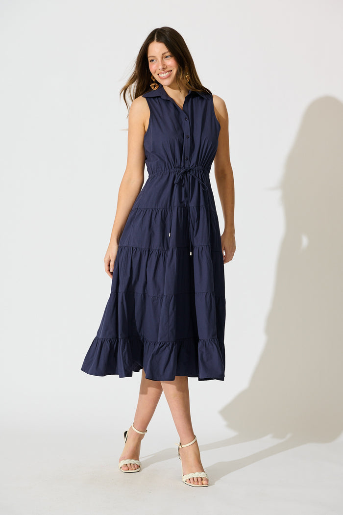 Vrinda Midi Dress in Navy Cotton full length