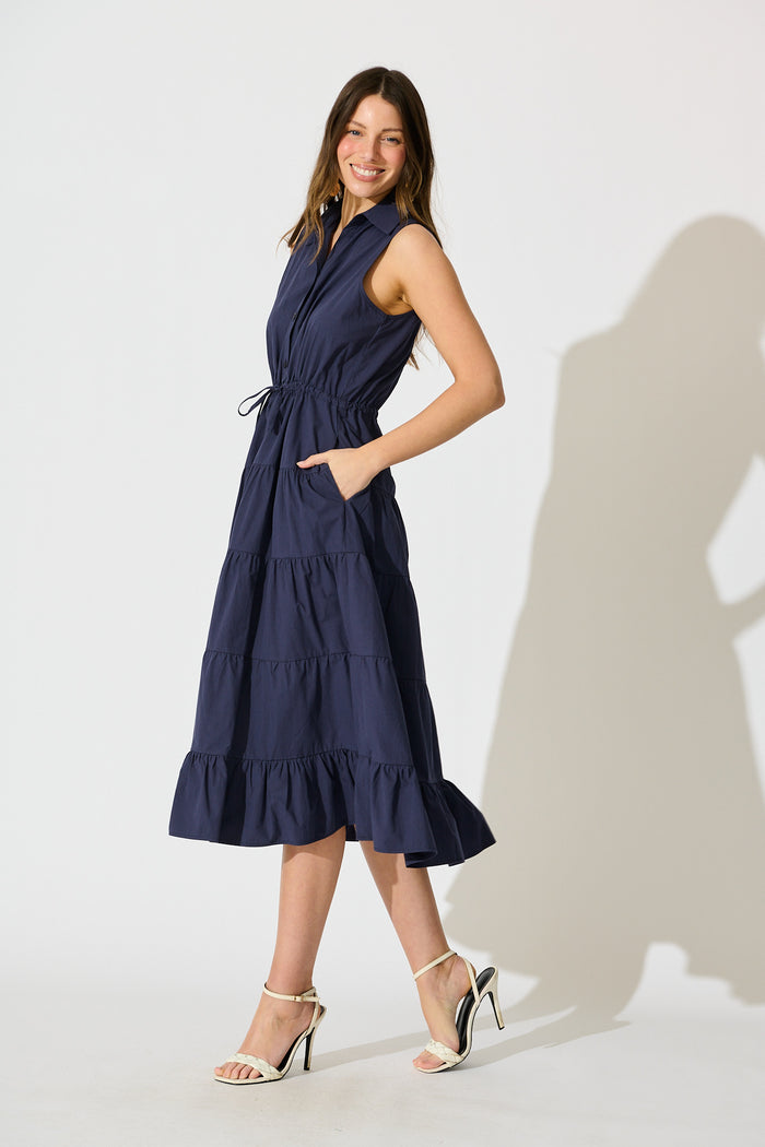 Vrinda Midi Dress in Navy Cotton side