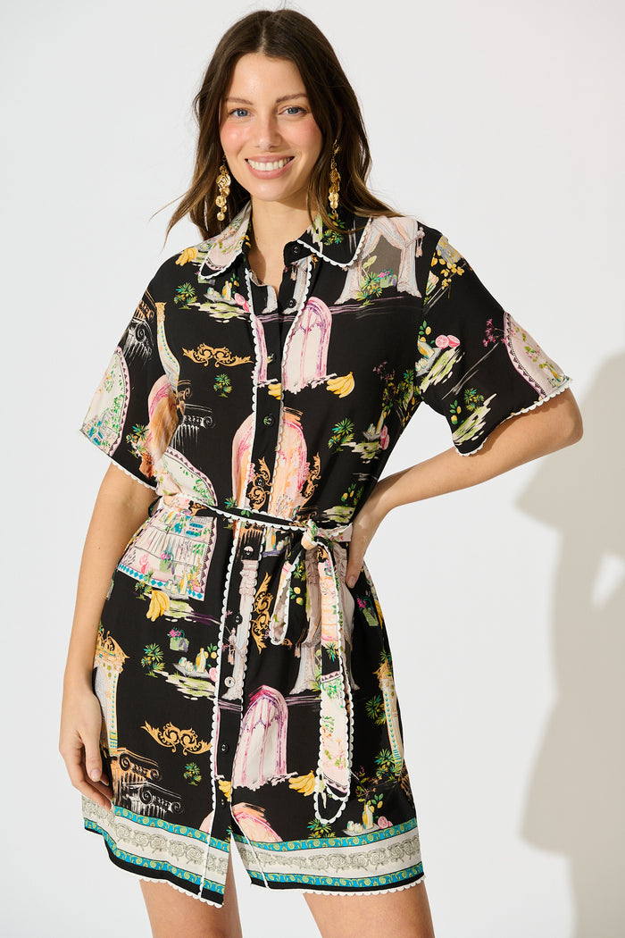 Orsa Shirt Dress In Black Multi Print front