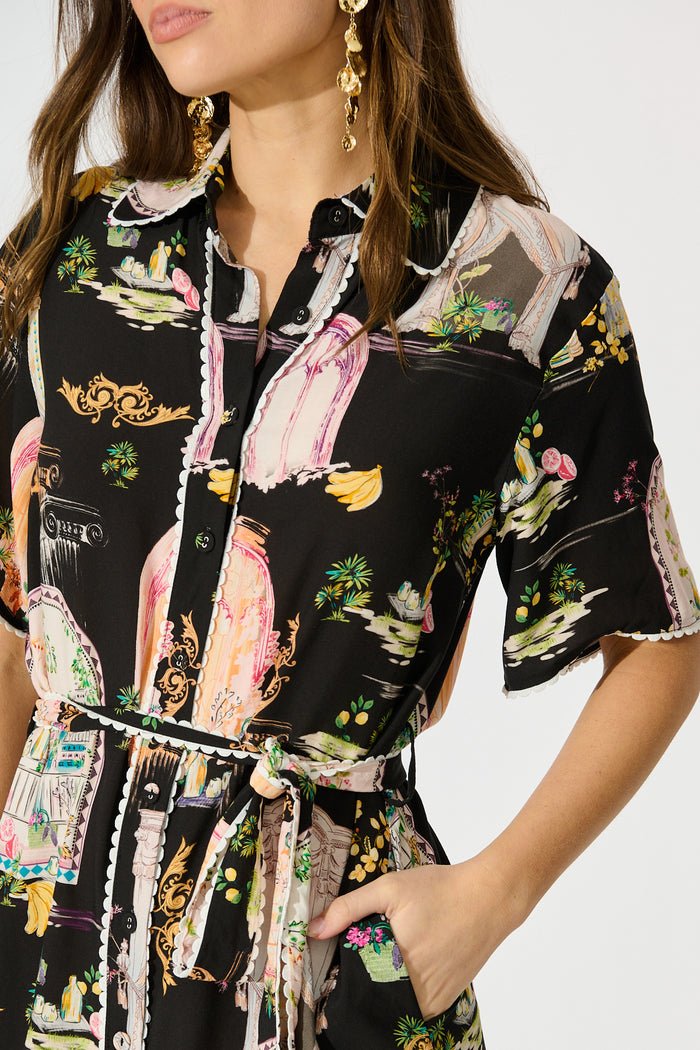 Orsa Shirt Dress In Black Multi Print detail