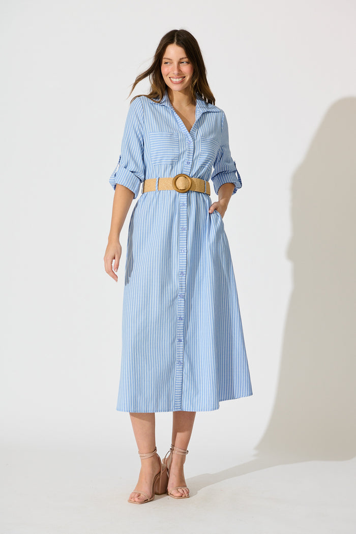 Veyda Midi Shirt Dress in Blue with White Stripe Cotton full length