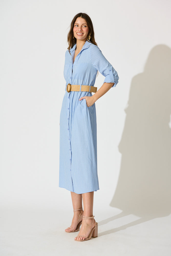 Veyda Midi Shirt Dress in Blue with White Stripe Cotton side