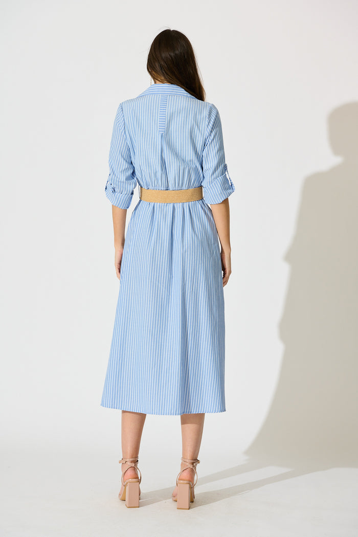 Veyda Midi Shirt Dress in Blue with White Stripe Cotton back
